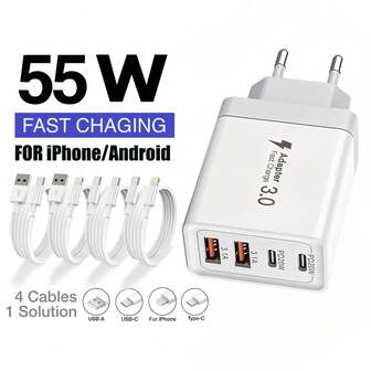 55W supersnabb laddare med 4 portar - 2 USB-A-portar + 2 USB-C-portar, valfri 1M (3,3ft) USB-C till USB-C / USB-C till blixtsnabb laddningskabel. Flera kabelkombinationer tillgängliga, helt kompatibel med MacBook 17/16/15/14/13/12-serien och Galaxy S25/S24/S23/S22-serien. Perfekt för hemmet, kontoret, resor och en utmärkt present till Halloween, Thanksgiving, jul. Lämplig för laddning av flera personer, laddning av flera enheter, laddningsbehov i hemmet och kontorsskrivbord. Telefonladdare för hemmakontoret. Flerportar med hög utgångseffekt.