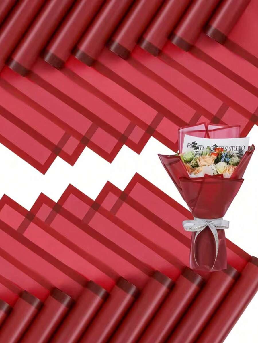 20张花卉包装纸，花束包装纸，金边，韩式风格，适用于DIY工艺品礼品装饰，花卉用品，23 x 23英寸，薄纸，花束用品（粉色） - 酒紅色 - 查看 1