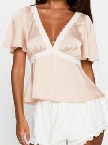 Women Lace Trim Tops  V Neck Split Short Sleeve Ruffle Shirts Casual Summer Streetwear - Rượu sâm banh - Xem 3