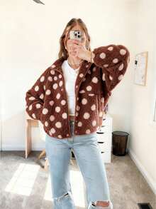 Womens Fall Winter Fleece Jacket Dot Pattern Long Sleeve Lapel Button Down Sherpa Coat - Multicolor - View 1