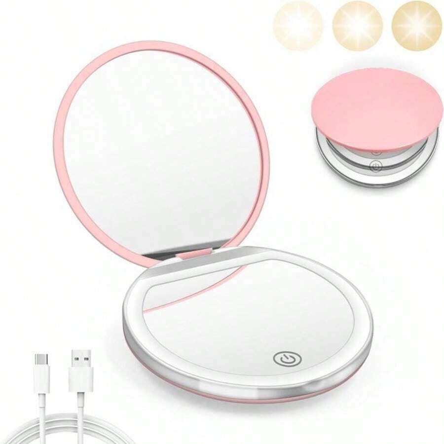 Double Sides Touch Travel Led 3 Colors Mini Foldable Cosmetic Charge Makeup Mirror With Light 2X Magnifying Compact Handheld Lipstick - Hồng - Xem 1