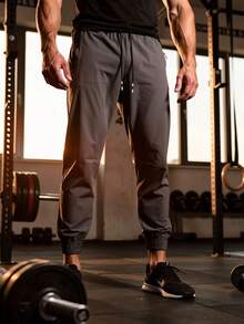 Men's Tactel Elastane Training Pants For Gym, Elastic Waistband, Drawstring And Functional Pocket, Summer, All, Regular Fit, Drawstring, Pocket - 灰色 - 查看 1