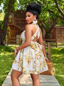 BIUBIU 大码女式夏季热带植物印花露背抹胸镂空无袖短裙，适合度假旅行（随机花卉图案）优雅 - 黃色 - 查看 2