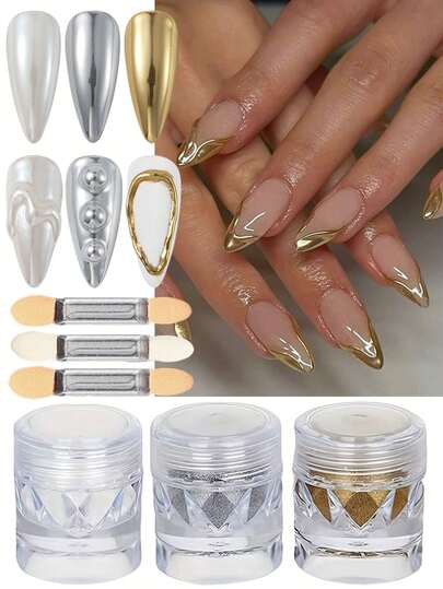 Y2K Mirror Chrome Glitter Nail Powder With Brush, Metallic Magic Mirror Effect Dip Powder Nail Polish, White, Pearl Gold, Silver, Apply On Nail Stickers, Nail Art Supplies
