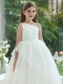 少女优雅连衣裙 花童礼服 公主裙，适合儿童生日派对、婚礼花童、舞会、派对、节日场合 - 白色 - 查看 9