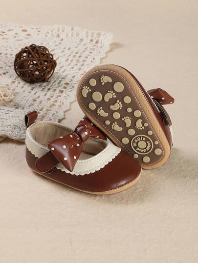 Spring/Autumn New Polka Dot Bow Patchwork Princess Shoes For Infant Girls, Flat Casual Shoes For Party & Holiday