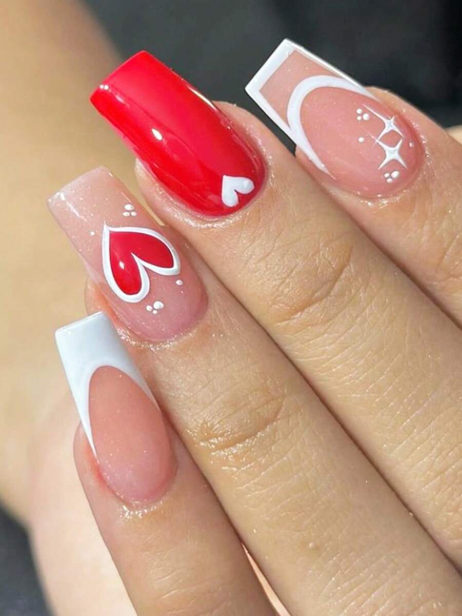 24pcs French Tip Press On Nails Medium Square Press On Nails Heart Star Decoration Minimalist Style Surface Glossy Full Cover Fake Nails For Women And Girls Valentines Daily Dating Wear Nail Supplies - Multicolor - View 1