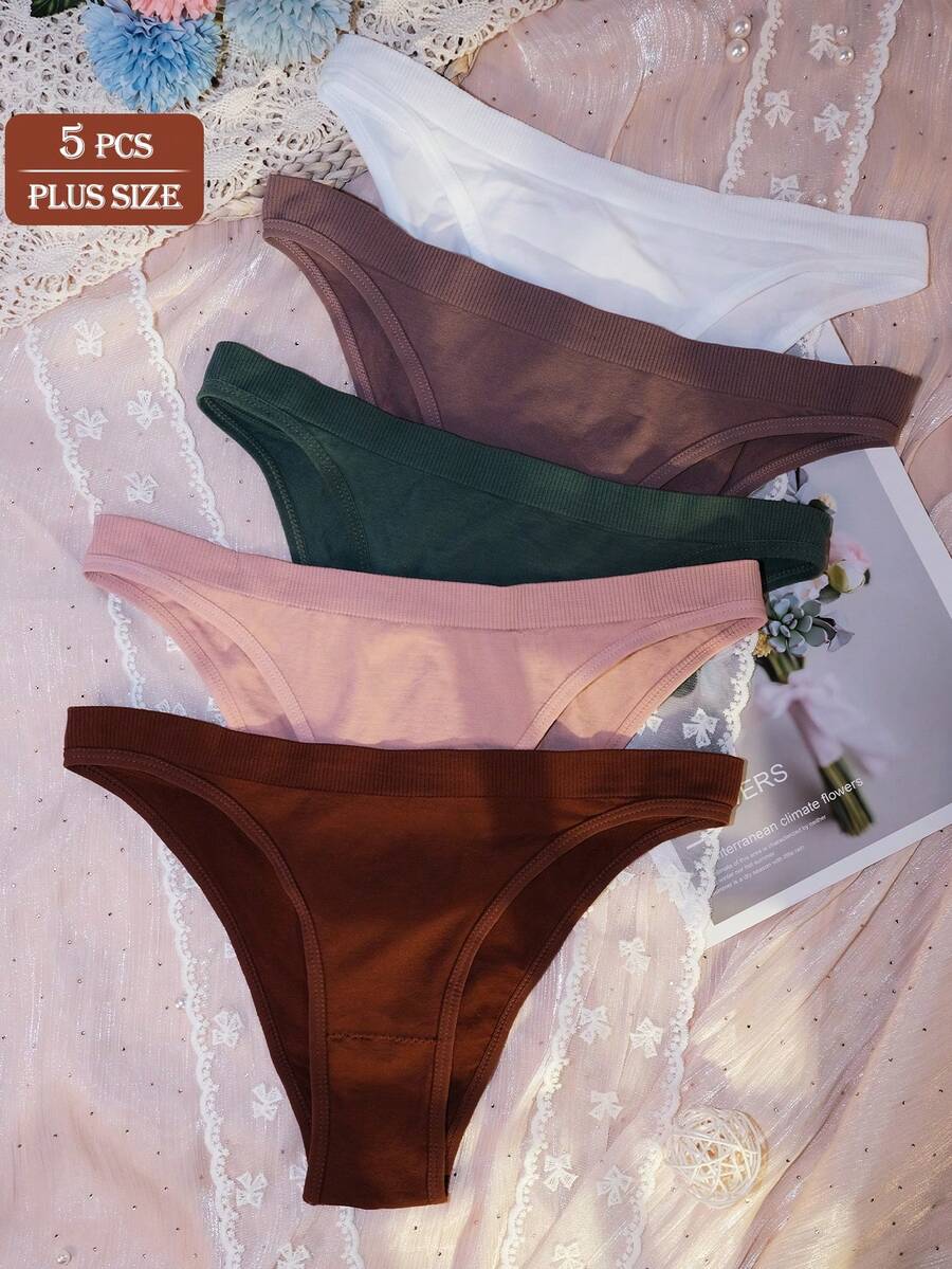 5pcs/Pack Plus Size Women's Sexy Panties, Basic Solid Color Comfortable Knitted Low Waist Soft Thong, Suitable For All Seasons And Daily Wear - Multicolor - View 1