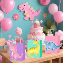 D12Pcs Pink Dinosaur Gift Treat Bags With Handles Watercolor Dinosaur Theme Paper Tote Bags For Girls Dino Themed Birthday Party Decorations Baby Shower Party Plies - 穆爾 - 查看 7