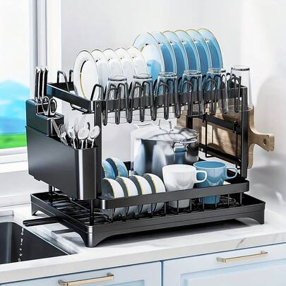 Escurridor de platos de cocina de doble capa, escurridor de platos de gran capacidad que ahorra espacio, adecuado para tazones, cucharas, platos y vajilla, diseño resistente y duradero, resistente a la oxidación, ideal para hogares modernos.