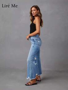 Liré Me 1pc Women'S High-Waisted Ripped Denim Jeans, Wide Leg Fringe Detail, Casual Cotton Blend Straight Leg Pants, All-Season Solid Color With Slight Stretch - 藍色 - 查看 3