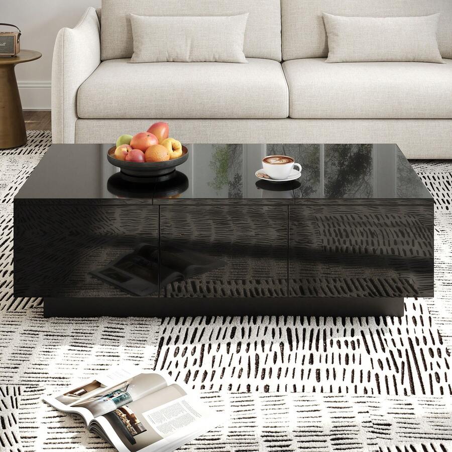 Modern High-Gloss Black Lacquered Coffee Table With Drawers And A Sliding Compartment – Rectangular Living Room Table Offering Ample Storage Space, An Elegant Design And An Easy-Care Surface - Black - View 1