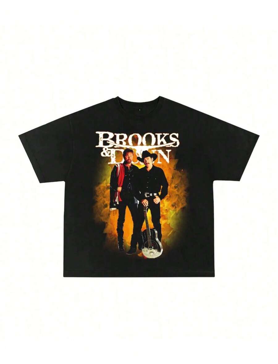 Brooks Dunn T Shirt Vintage Rap Tee Hip Hop Graphic Print All Size Unisex Round Neck T-Shirt - Black - View 1