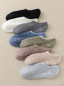 Random 3 Pairs/1 Pair Unisex Coral Fleece Warm Boat Socks, Thick Anti-Cold Fuzzy Couple House Socks, Non-Slip Rubber Dots On Sole, Soft & Comfortable, Winter - 彩色 - 查看 8