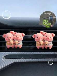 1pc/2pcs Cute Pig Drinking Bubble Tea Acrylic Car Decor Clip, Car Interior Decoration, Adorable Decor, Fragrance-Free, Suitable As Gift, Birthday Gift, Christmas Gift - Multicolor - View 4