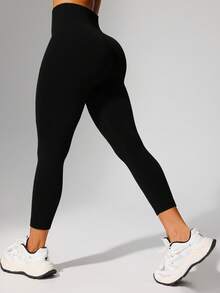 1pc High Waist Ribbed Yoga Leggings, Suitable For Hiking, Outdoor Activities, Sports And Casual Wear Black Spring - Black - View 3