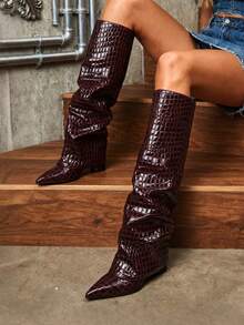 Knee High Fold Over Shark Boots For Women Slouchy Pointed Toe Block Thick High Heels Pull On Fashion Punk Pleated Boots Woman - Red Stone Grain - View 5