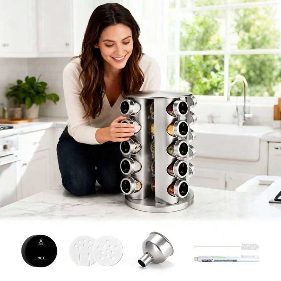 SAEIV Spice Carousel With 20 Spice Jars, 360° Rotating Spice Rack, Spice Turntable Storage Unit, Spice Organizer, Stainless Steel Construction, Silver Finish