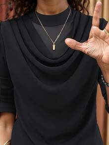 Elegante blusa de manga larga con doble capa de volantes de malla, informal y versátil, negra para otoño/invierno y primavera - Negro - Ver 9