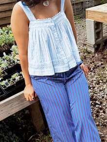 Women Camisole, Sleeveless Tops Lace Trim Button Closure Loose Summer Vest for Party Club - Azul - Ver 2