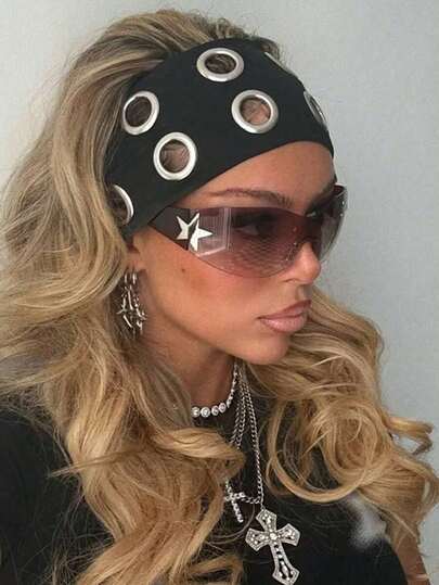 1pc Punk Girl Hollowed Out Eyelets Wide Elastic Headband Stretchy Metal Rock Steampunk For Sports Casual Headbands Hair Accessories Fall Women Bandana Autumn Sweatband Yoga Hair Wrap Workout Running Winter Hair Band For Vacation Outfits Woman Elegant Scarf