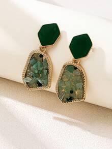 1对复古绿色不对称几何镶嵌宝石耳环 - 彩色 - 查看 4