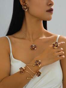1 Set Women Jewelry Set Including 1pc Brown Ombre Floral Pendant Necklace, 1 Pair Earrings, 1 Ring, 1 Bracelet, 1 Bangle (No Gift Box)