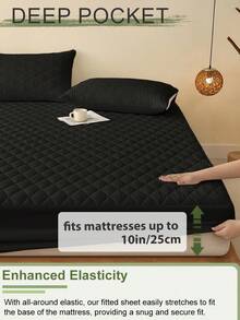 1pc Waterproof Fitted Sheet, Bedding, Stitch Fitted Sheet, Skin-Friendly Mattress Cover, Soft And Comfortable Bedding For Bedroom, Room Decor, 11.8 Inch Deep Pocket Cooling Breathable Quilted Square Lattice Fitted Sheet For All Seasons, For Single, Twin, Full, Queen And King Size, Solid Color Mattress Protective Cover, Dustproof, Comfortable And Machine Washable - Deep Black - View 4