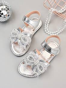 1 Pair Girls' Flat Sandals, Shiny Bowknot Decor, Sweet Style, Non-Slip Lightweight & Comfortable, Suitable For Party, Casual, Outdoor Wear - Silver - View 10