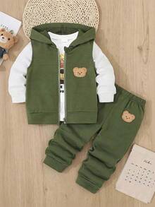H HIBOBI 3pcs Baby/Baby BoyOutfit Set, Including Hooded Vest, Long Sleeve T-Shirt, And Bear Graphic Pants, Suitable For 9 Months To 4 Years Old, Autumn/Winter - Army Green - View 1