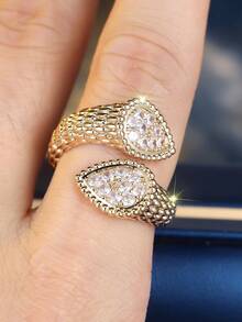 1pc Creative Double Water Drop Shaped White Cubic Zirconia Gold Plated Ring, Suitable For Daily Wear, Valentine's Day, Party, Banquet, All Seasons - Yellow Gold - View 5