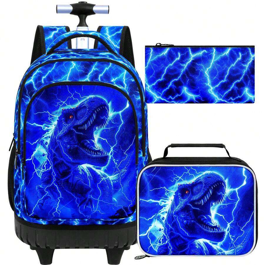 Set de 3 mochilas con ruedas para niños, mochila escolar con ruedas - Dinosaurio relámpago - Mochila con ruedas - Ver 1
