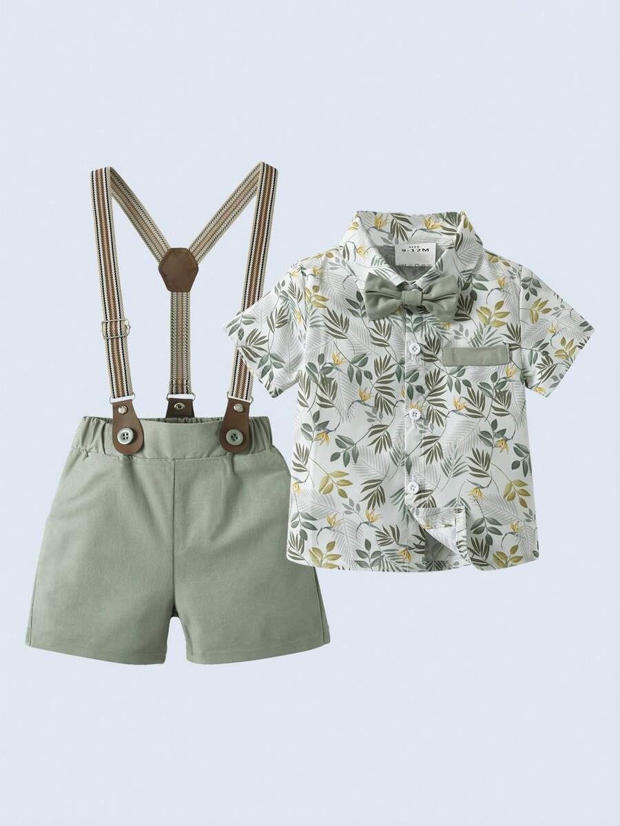 BOARNSEORL 2 件套年轻男孩绅士套装 - 短袖领衬衫配领结和吊带短裤，时尚休闲西装，适合生日派对、婚礼和正式场合 - 綠色 - 查看 1