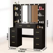 Black Dressing Table With LED Mirror 7 Drawers 8 Shelf Large Vanity Makeup Desk - Black - View 8
