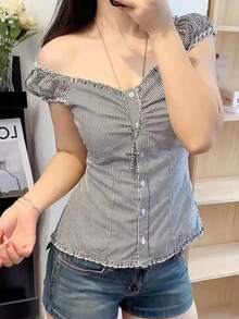 Women's Button Down Lace Top V Neck Ruffled Sexy Low Cut Babydoll Top Cute Slim Fit Casual Work Blouse - 藍色 - 查看 3