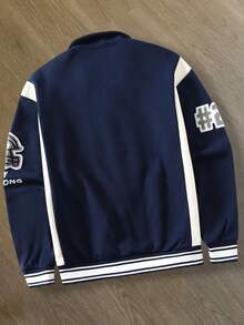 Vintage American Style Star Embroidered Baseball Jacket For Men, Loose Fit Streetwear Contrast Color Letter Print Jacket, Autumn/Winter - Blue and White - View 2