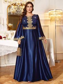 Plus Size Sequin Floral Lace Patchwork Gold Trim Long Sleeve Satin Hem Elegant Evening Gown, Wedding Guest Dress, Suitable For Birthday, Homecoming Dance - Navy Blue - View 3