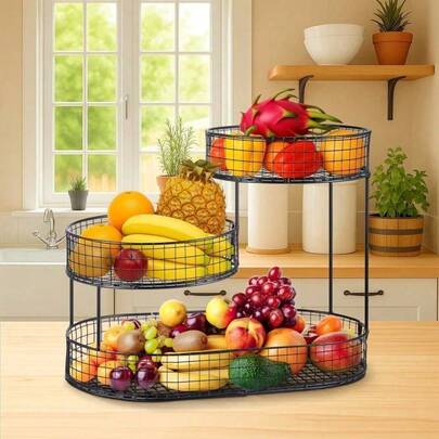 3-Layer Oval Iron Fruit Basket Rack, Kitchen Countertop Fruit, Vegetable And Snack Storage Rack, Metal Design, No Installation Required