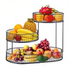 3-Layer Oval Iron Fruit Basket Rack, Kitchen Countertop Fruit, Vegetable And Snack Storage Rack, Metal Design, No Installation Required - Black - View 8