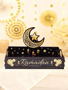 1pc Eid Mubarak Wooden Tray, Eid Moon & Star Black Gold Design DIY Tray, Suitable For Eid Party, Eid Celebration, Eid Decoration, Eid Storage & Decor Tray, Ideal For Eid Family Party Tabletop Centerpiece, Can Hold Fruits & Sweets, Ramadan Supplies, Ramadan Decor, Kitchen Decor, Ramadan Gift, Ramadan Prayer, Ramadan Lantern, Ramadan Lighting - Ramadan Kareem Black Gold - View 10
