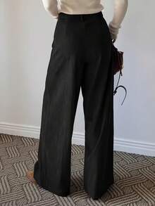 Valentine's Day Women Loose Fit Black Wide Leg Trousers With Pleated Design, Button And Zipper Closure, Full Length - Black - View 5