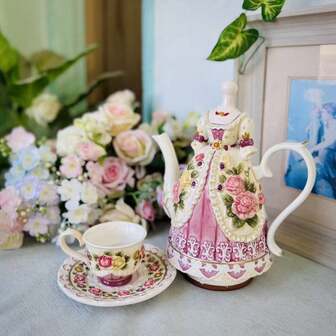 1pc Ceramic 3D Sculpture Hand-Painted Rose Coffee Pot, Teapot With Lid, Victorian Desktop Decoration Ornament, Gift (Teapot Capacity: 1200ml, Cup Capacity: 90ml)