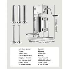 Embutidora Manual de Salchichas de 10 L, Máquina de Llenado Vertical de Carne con 2 Velocidades Rápida/Lenta, de Acero Inoxidable Resistente, con 5 Tubos de Embutido, 600 x 320 x 720 mm - Plateado - Ver 7