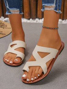 Dép đế bằng khoét lỗ màu đen trơn dành cho thanh thiếu niên/trẻ em, đa năng, thời trang, thoải mái, hở mũi, xỏ ngón, thích hợp mặc thường ngày, đi biển, dự tiệc - Màu be - Xem 4