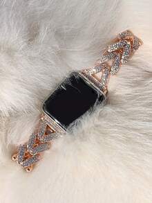 4pcs Minimalist Elegant Wheat Ear Rhinestone Metal Bands Compatible With Apple Watch Series 38/40/41mm, 42/44/45/46/49mm - Rose Gold - View 2