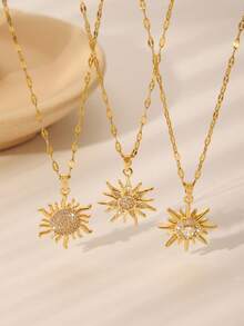 1pc Fashion Sunflower Rhinestone Stainless Steel Gold Plated Chain Necklace, Suitable For Women For Daily Wear, Meetings, Dates, Parties, Festivals - Yellow Gold - View 1
