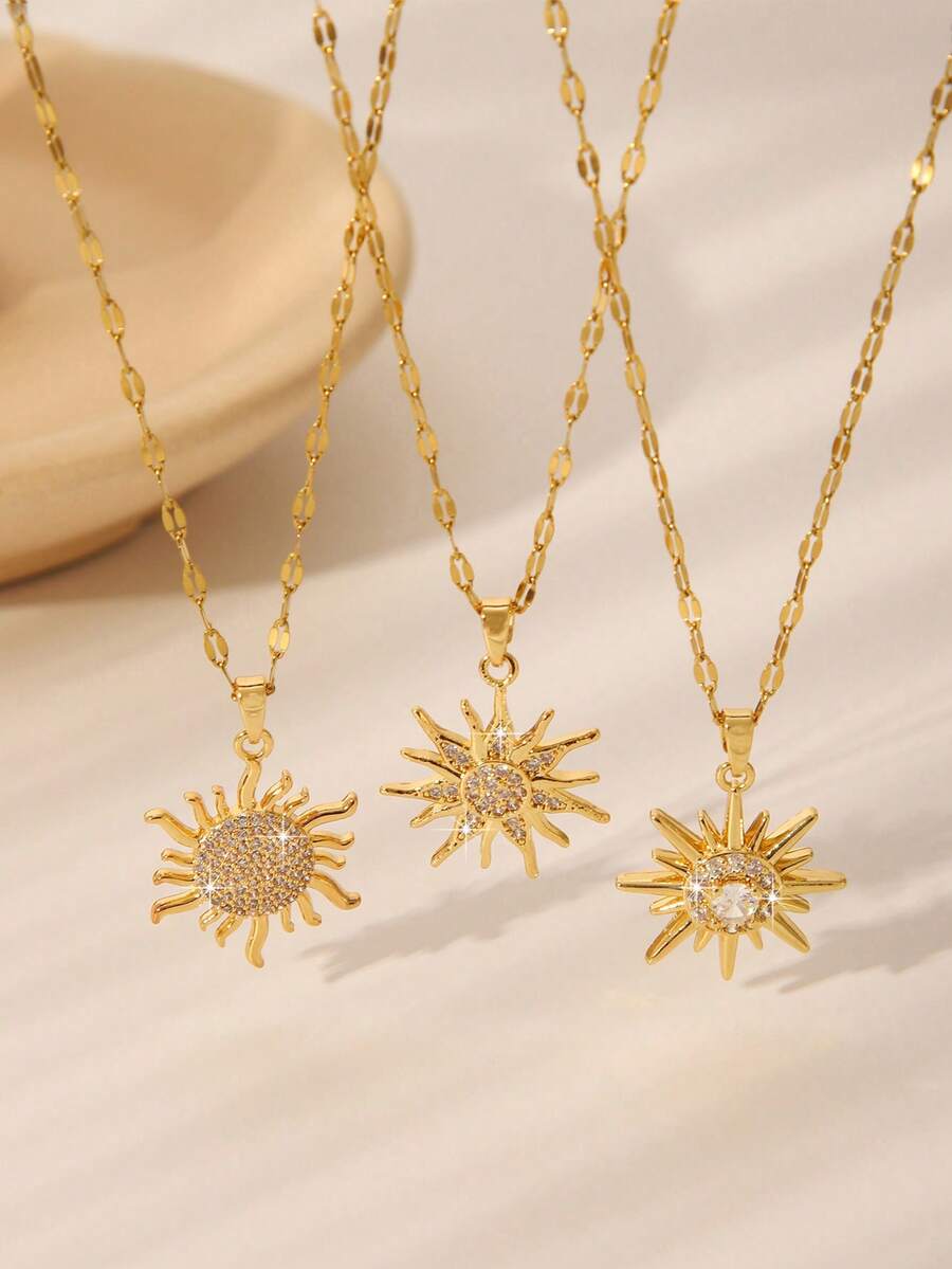 1pc Fashion Sunflower Rhinestone Stainless Steel Gold Plated Chain Necklace, Suitable For Women For Daily Wear, Meetings, Dates, Parties, Festivals - Yellow Gold - View 1