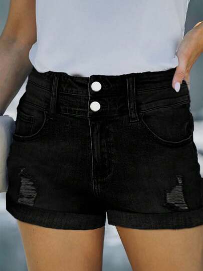 Women's Plain Color Distressed Pocket Denim Shorts With 2 Buttons