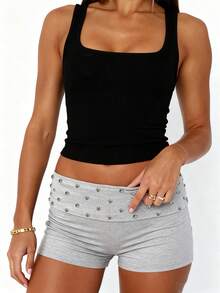 Studded Foldover Shorts For Women Rivet Low Rise Mini Lounge Sleep Pj Micro Shorts Comfy Fold Over Shorts Bottoms - Grey - View 6