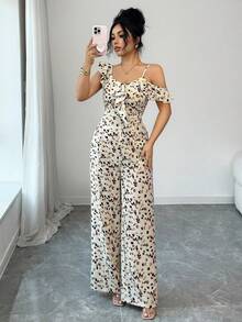 Women's Elegant Commuting Jumpsuits With Full-Body Prints, Ruffled Lace, Ruffled Hems, Cut-Out Details And Asymmetrical Straps, Suitable For Daily Wear, Gatherings, Spring, Summer And Valentine's Day - Multicolor - View 6